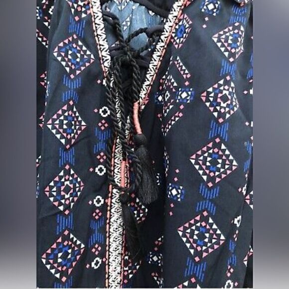 Rock ‘n’ roll cowgirl Embroidered Babydoll Western Peasant Top Navy Aztec print - Picture 4 of 11